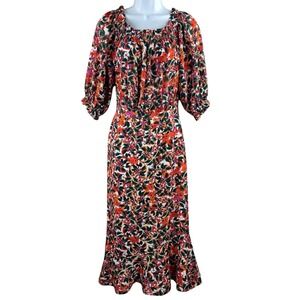 Saloni Floral Midi Dress‎ Womens Size 2 Multicolor Puff Sleeve Ruffle Hem